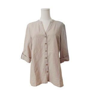 Ellen Tracy Women's Medium Linen Cotton Relaxed Casual Button Cuffed Sleeve Top
